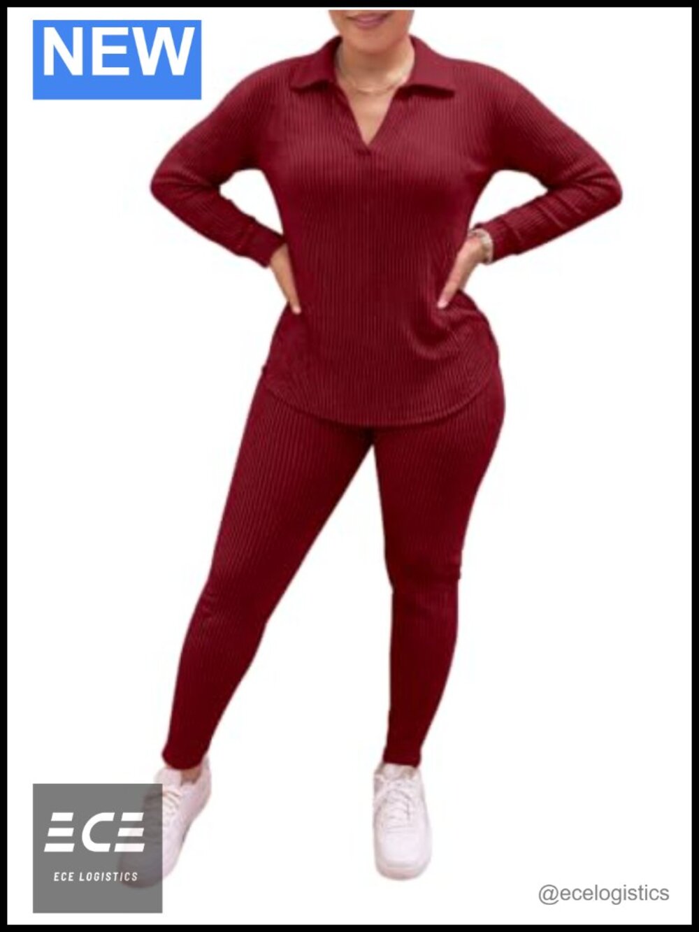 Ribbed Two Piece Pant Set Long Sleeve Top Lounge Set Women